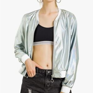 Allegra K Shimmering Silver Bomber Jacket